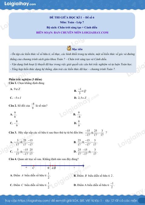 Đề thi giữa kì 1 Toán 7 - Đề số 6
